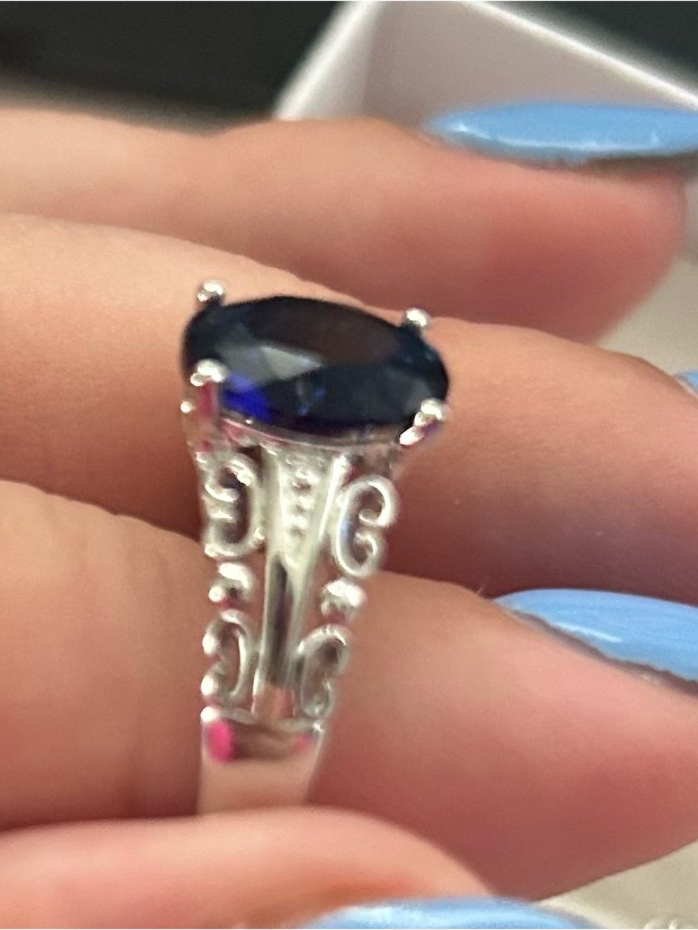 Silver Blue Oval Gemstone Ring and Earrings Set - size 8 1/2 - Picture 2 of 2